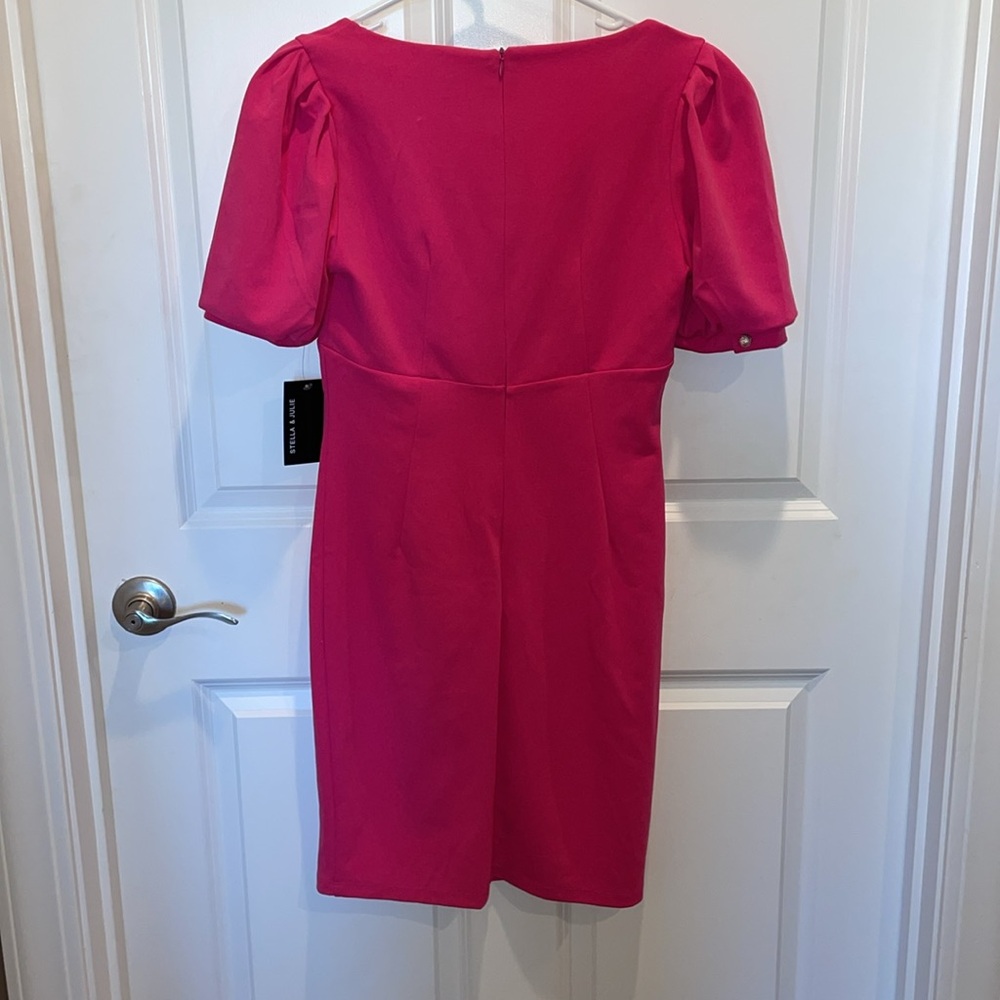 hot pink puff sleeve midi dress - Picture 7 of 8